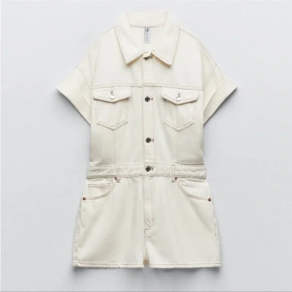 Zara Oyster White Denim Jumpsuit - Picture 7 of 8